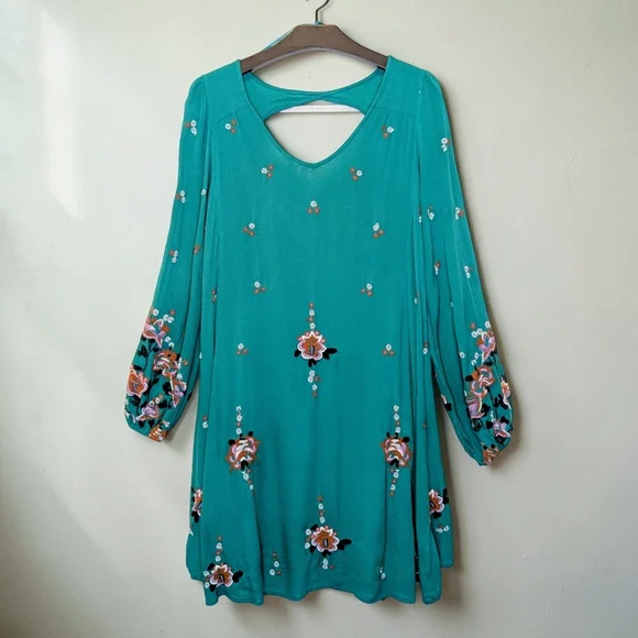 Free People Sweet Tennessee Swing Mini Dress Green Multicolor Embroidered Boho L - Picture 1 of 7